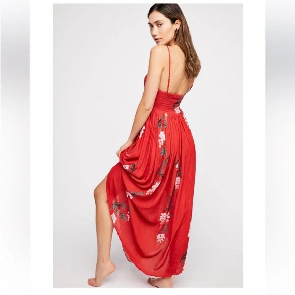 Free People Beau Red Floral Print Smocked Maxi Dress - Picture 7 of 8
